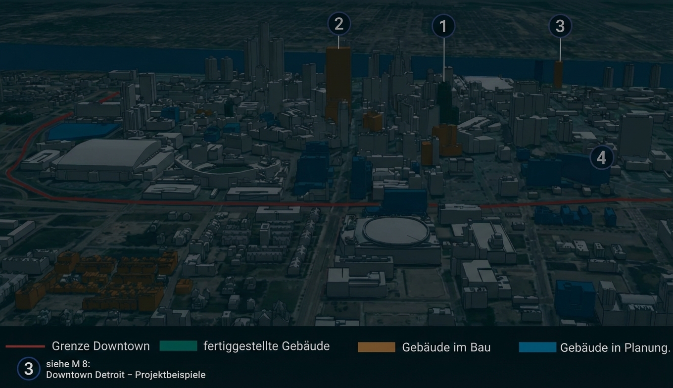 3D-Modell von Downtown mit farbigen Gebäuden (fertig, im Bau, geplant) und roter Grenze.